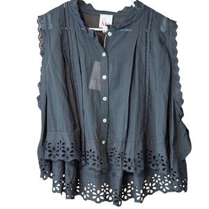 So Me Black Sleeveless Eyelet Button Front Blouse